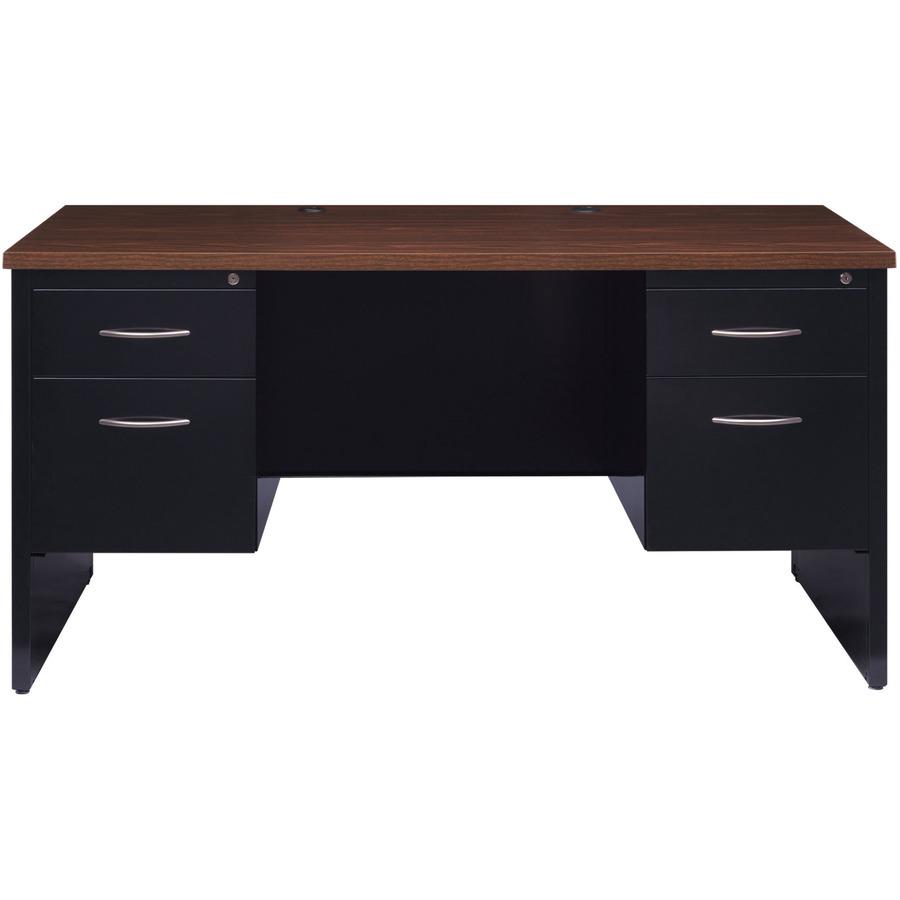 Lorell Fortress Modular Series Double-Pedestal Desk - 60" Width x 30" Depth, x 1.1" Thickness Top - Total Drawer(s): 4 - Double Pedestal - Material: Steel - Finish: Walnut Laminate, Black - Scratch Re. Picture 4