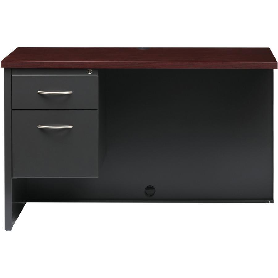 Lorell Fortress Modular Series Left Return - 48" Width x 24" Depth, x 1.1" Thickness Top - Total Drawer(s): 2 - Single Pedestal on Left Side - Material: Steel - Finish: Mahogany Laminate, Charcoal - S. Picture 3
