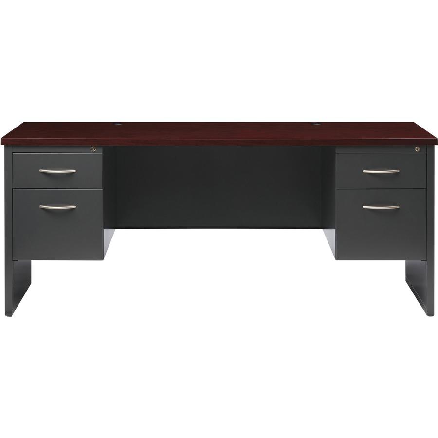 Lorell Fortress Modular Series Double-pedestal Credenza - 72" Width x 24" Depth, x 1.1" Thickness Top - Total Drawer(s): 2 - Double Pedestal - Material: Steel - Finish: Mahogany Laminate, Charcoal - S. Picture 3