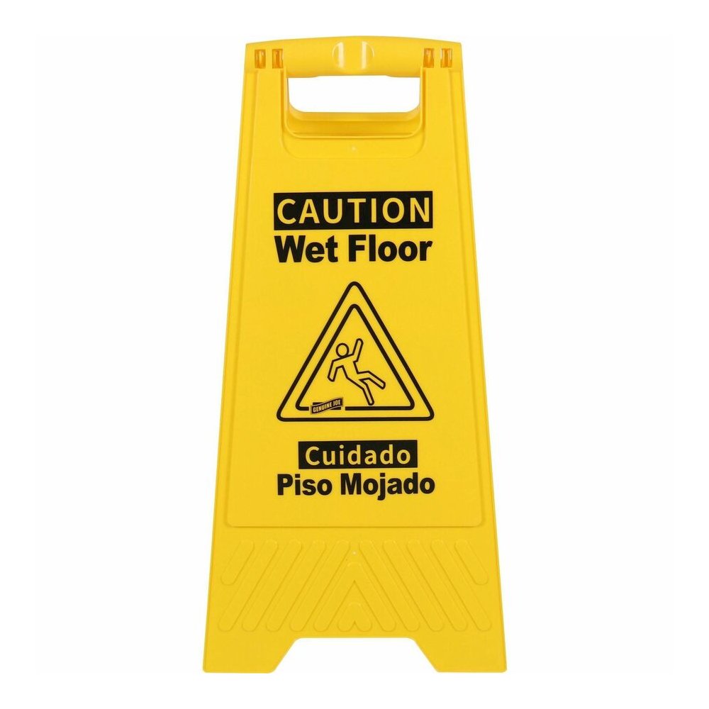 Genuine Joe Universal Graphic Wet Floor Sign - English, Spanish - Print/Message "Wet Floor" - Foldable - Yellow - 2 / Carton. Picture 2