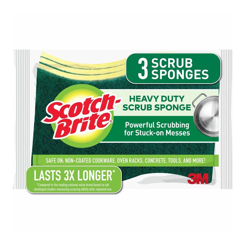 Scotch-Brite Heavy-Duty Scrub Sponges - 2.8" Height x 4.5" Width x 4.5" Length x 590 mil Thickness - 3/Pack - 8 / Carton - Yellow, Green. Picture 2