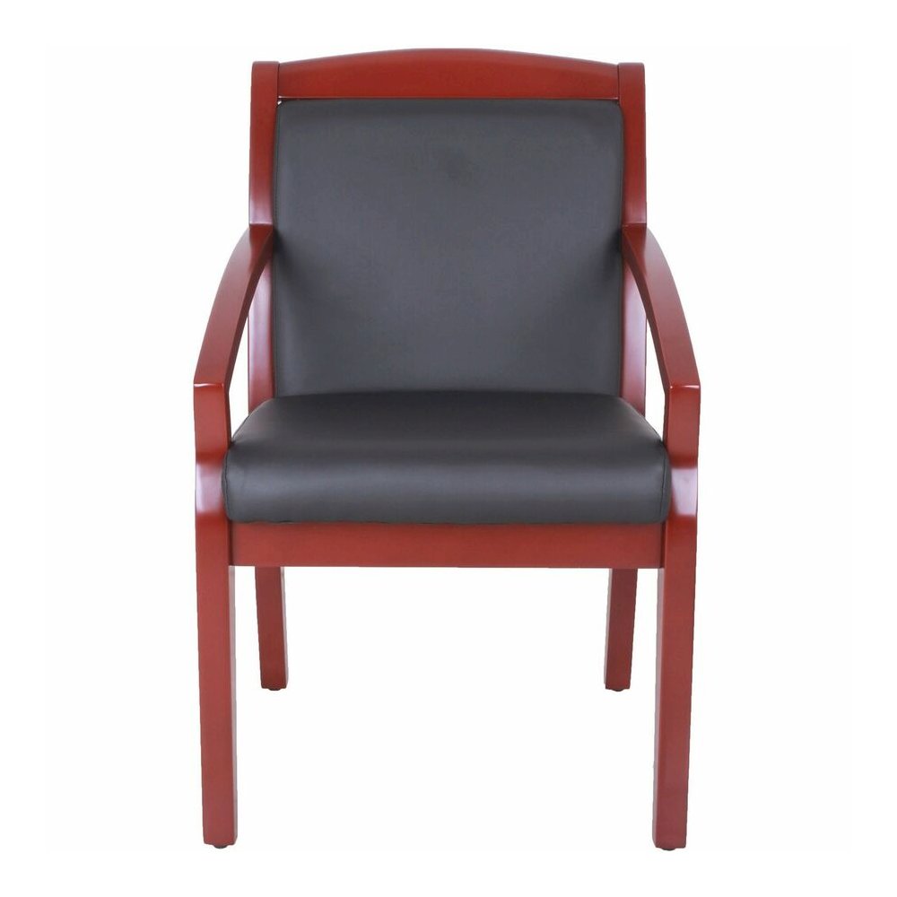 Lorell Sloping Arms Wood Frame Guest Chair - Black Seat Color - Bonded Leather Seat Material - Black Back Color - Bonded Leather Back Material - Mahogany Frame Color - Solid Wood, Rubberwood Frame Mat. Picture 2