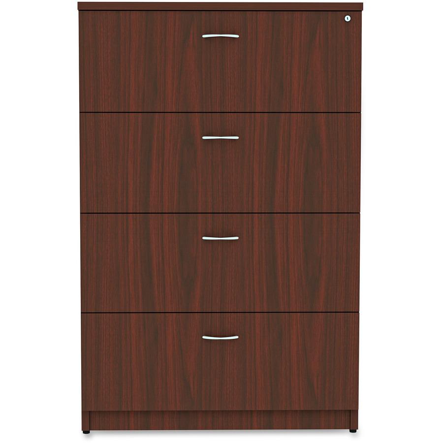 Lorell Essentials Series 4-Drawer Lateral File - 1" Thickness Top, 54.8" Height x 35.5" Width x 22" Depth - Total Drawer(s): 4 - Finish: Mahogany Laminate - Durable, Built-in Hangrail, Ball-bearing Su. Picture 4
