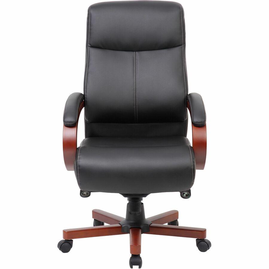 Lorell Executive High-Back Wood Finish Office Chair - Black Bonded Leather Seat - Black Bonded Leather Back - High Back - Black, Mahogany - 1 Each. Picture 3