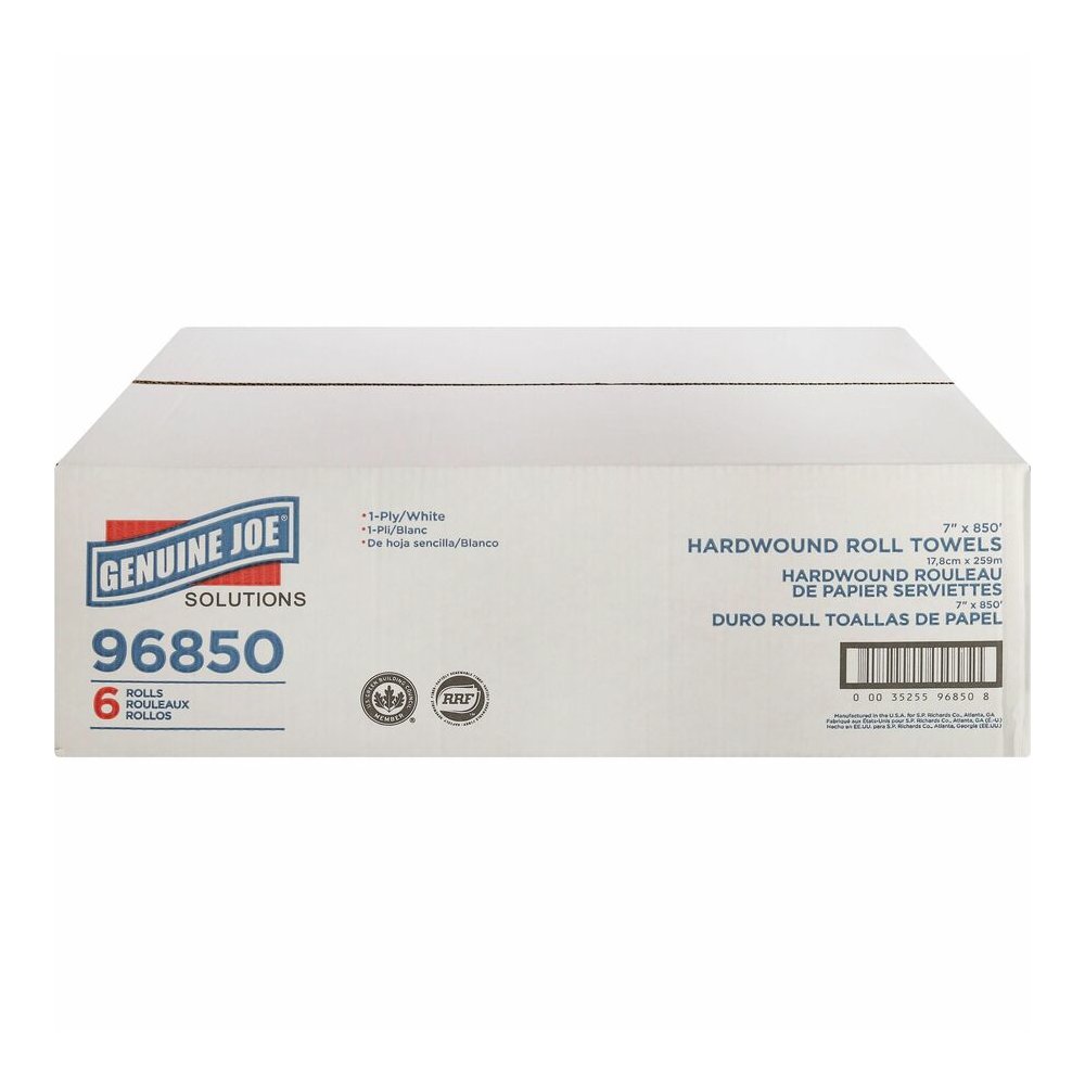 Genuine Joe Solutions Hardwound Paper Towels - 1 Ply - 7" Width x 850 ft Length - White - Virgin Fiber - 6 / Carton. Picture 3