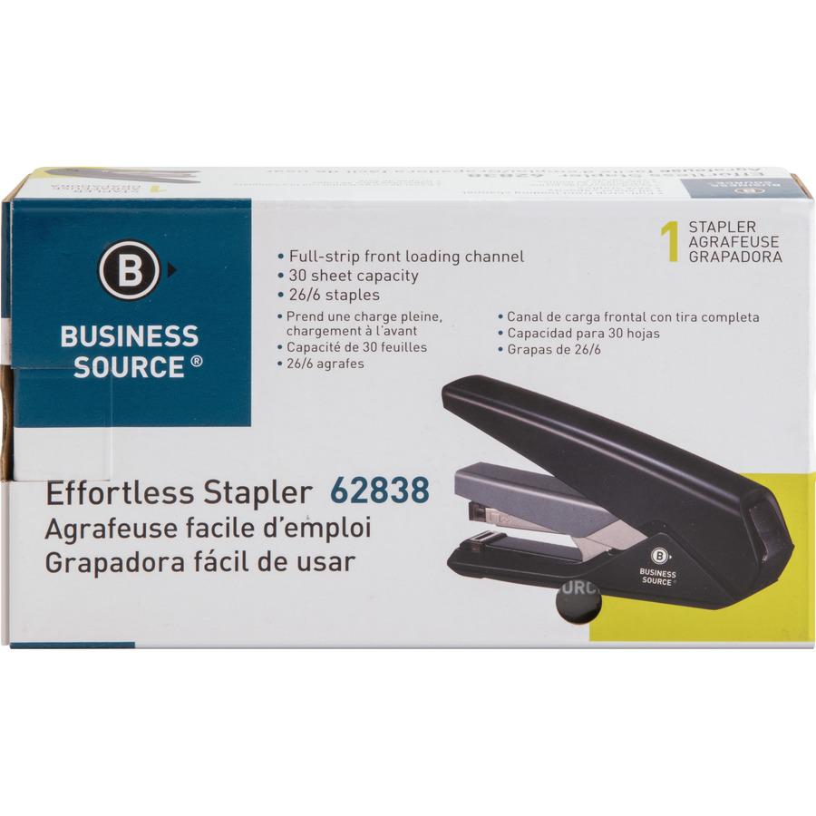 Business Source Full Strip Flat-Clinch Stapler - Staples Upto 30 Sheet of 20lb Paper - Holds Upto 210 Staple - Full Strip - Staple Size: 0.25" - Front Loading - Black - 1 Each. Picture 5