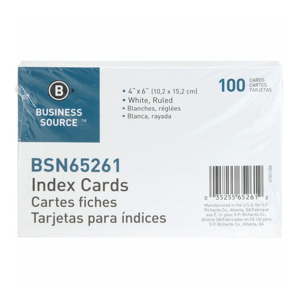 Business Source Ruled Index Cards - Front Ruling Surface - Ruled Front Ruling - 72 lb Basis Weight - 6" x 4" Sheet Size - White Paper - 100/Pack - 10 / Box. Picture 2