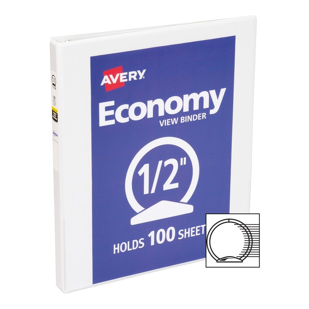 Avery&reg; Economy View Binder - 1/2" Binder Capacity - Letter - 8 1/2" x 11" Sheet Size - 100 Sheet Capacity - 3 Ring - Fastener: Round Ring - Pocket: 2, Internal - Vinyl, Chipboard - White - 13.12 l. Picture 2