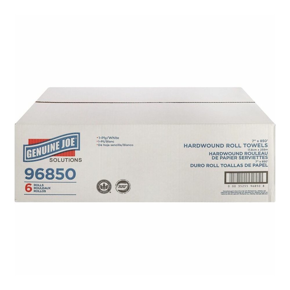 Genuine Joe Solutions Hardwound Paper Towels - 1 Ply - 7" Width x 850 ft Length - White - 65 / Pallet. Picture 3