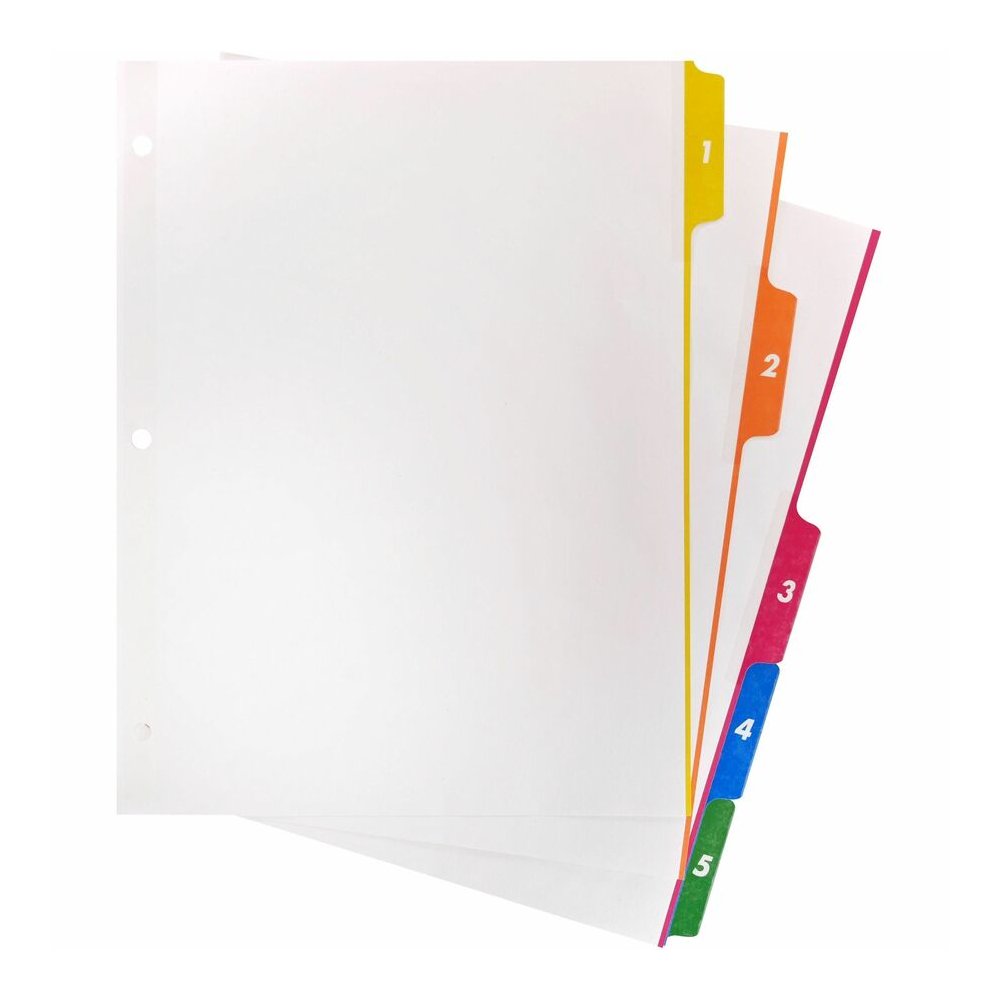 Business Source Color-coded Table of Contents/Tabs Index Dividers - Printed Tab(s) - Digit - 1-5 - 5 Tab(s)/Set - 3 Hole Punched - White Divider - Multicolor Mylar Tab(s) - 1 Box. Picture 2