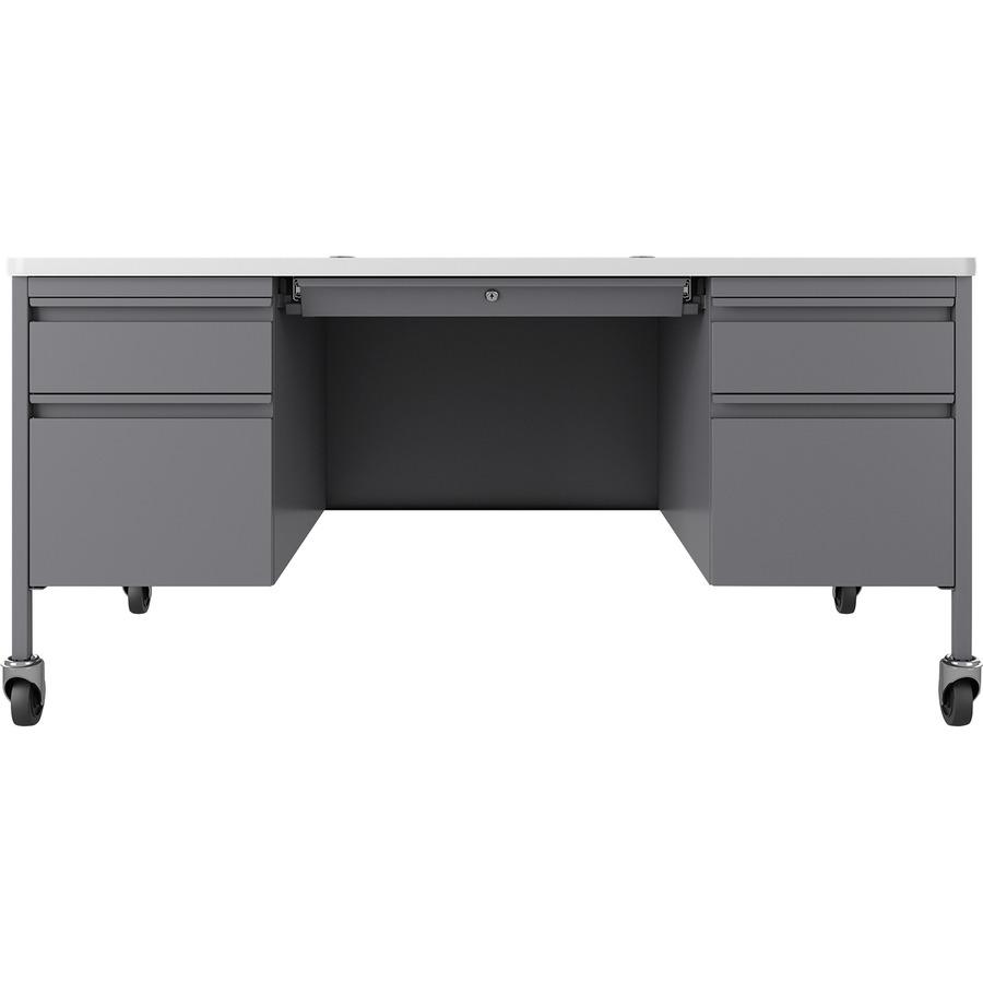 Lorell Fortress Series Mobile Double-Pedestal Teachers Desk - 29.5" Height x 60" Width x 30" Depth - Double Pedestal - T-mold Edge - Finish: Gray - 1 Each. Picture 4