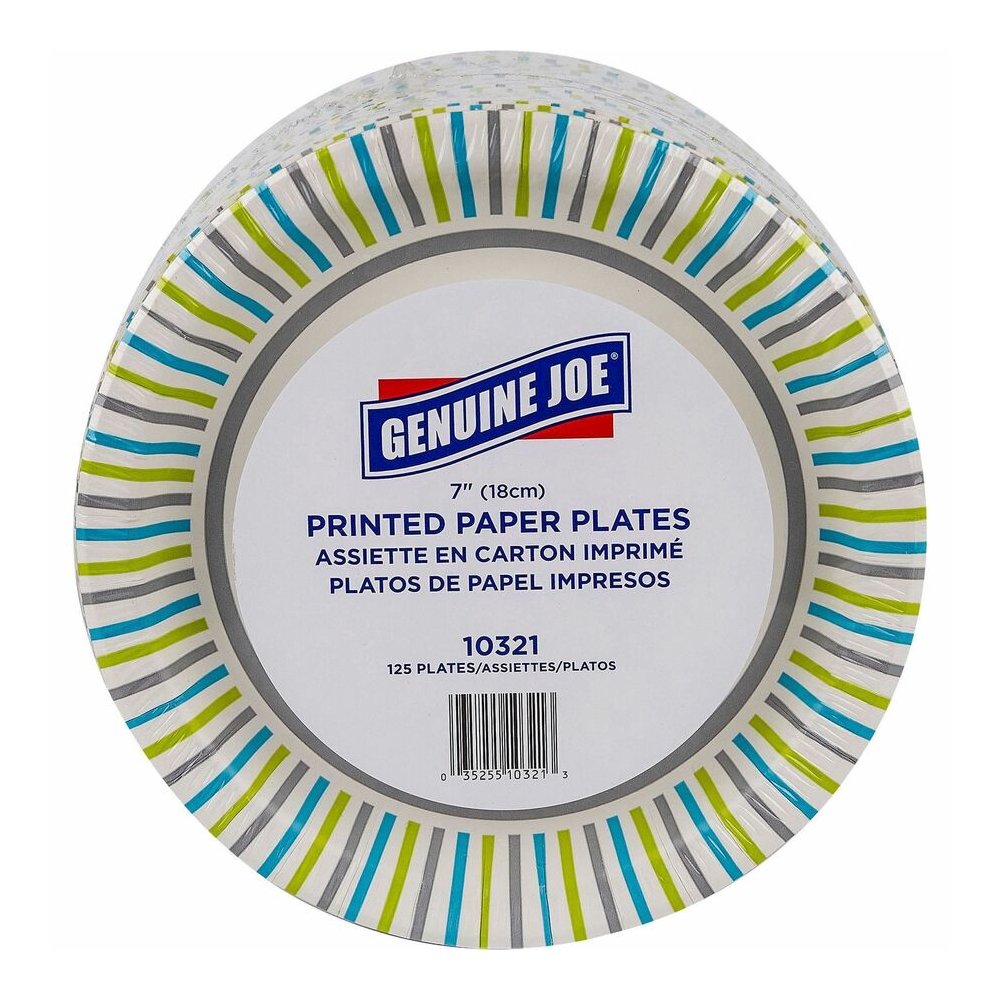 Genuine Joe 7" Printed Paper Plates - Disposable - 7" Diameter - Assorted - 125 / Pack. Picture 3