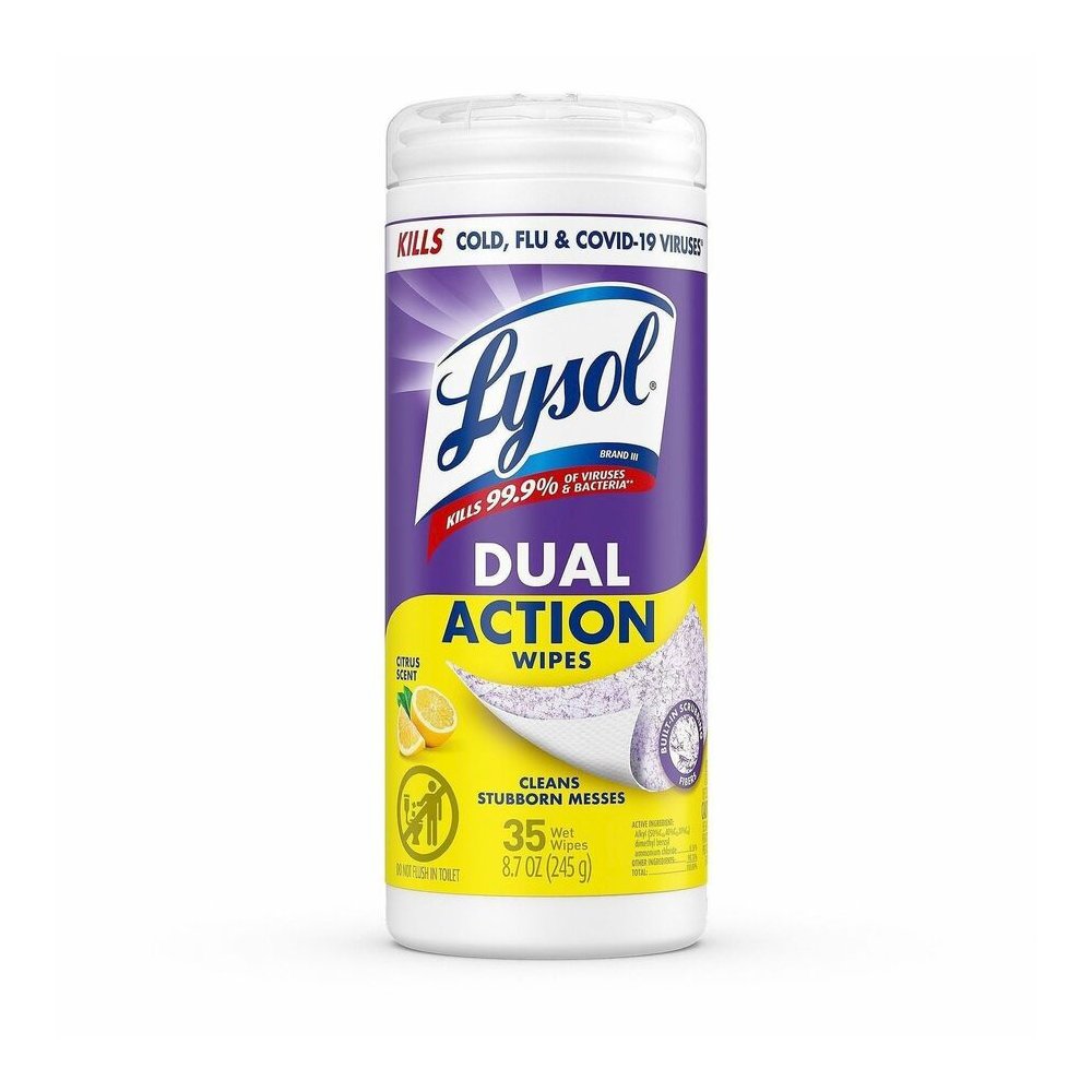 Lysol Dual Action Wipes - For Multi Surface - Citrus Scent - Recommended For: Stain Remover - White/Purple - 35/Tub - 12 / Carton. Picture 2