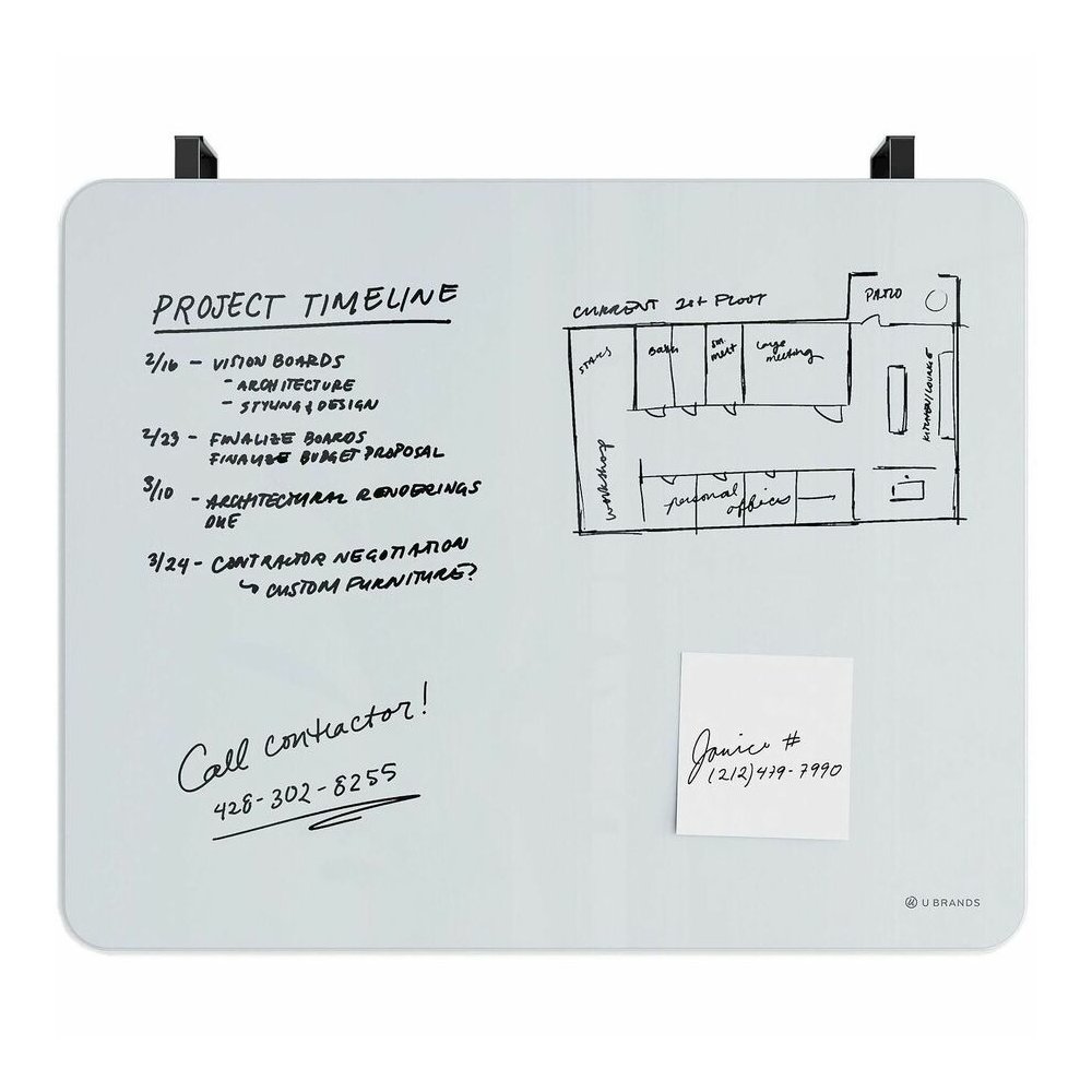 U Brands Magnetic Cubicle/Wall Glass Frameless Dry-Erase Board - 20" (1.7 ft) Width x 16" (1.3 ft) Height - Frosted White Tempered Glass Surface - Rectangle - Horizontal - Magnetic - 1 Each. Picture 2