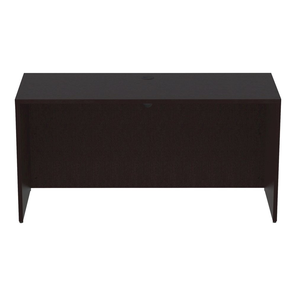 Lorell Essentials Series Credenza Shell - 29.5" Height x 60" Width x 24" Depth Credenza Shell, 1" Thickness Top - Finish: Espresso, Silver Brush - Grommet, Adjustable Feet, Durable, Laminated, Cam Loc. Picture 3
