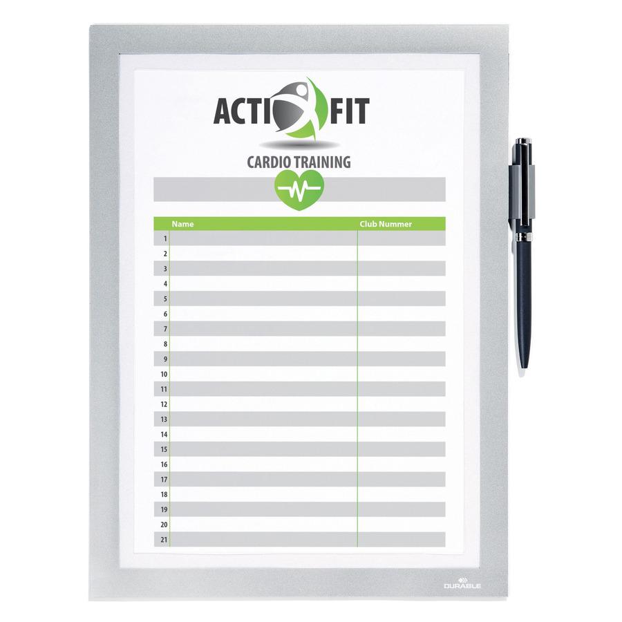DURABLE DURAFRAME Note - Support 8.50" x 11" Media - Polyvinyl Chloride (PVC) - Silver - Self-adhesive, Magnetic, Foldable, Pen Holder - 1 Each. Picture 6