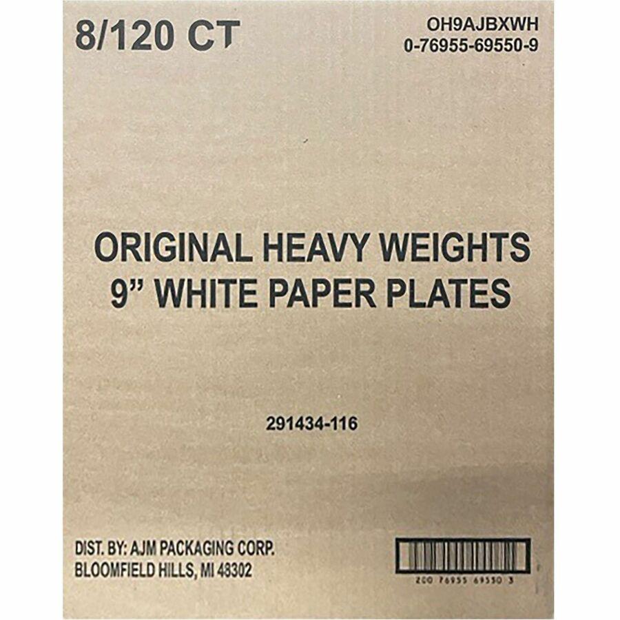 AJM 9" Original Heavyweight Plates - Serving, Reheating - Disposable - Microwave Safe - 9" Diameter - White - Paper Body - 120/Pack - 8 / Carton. Picture 4