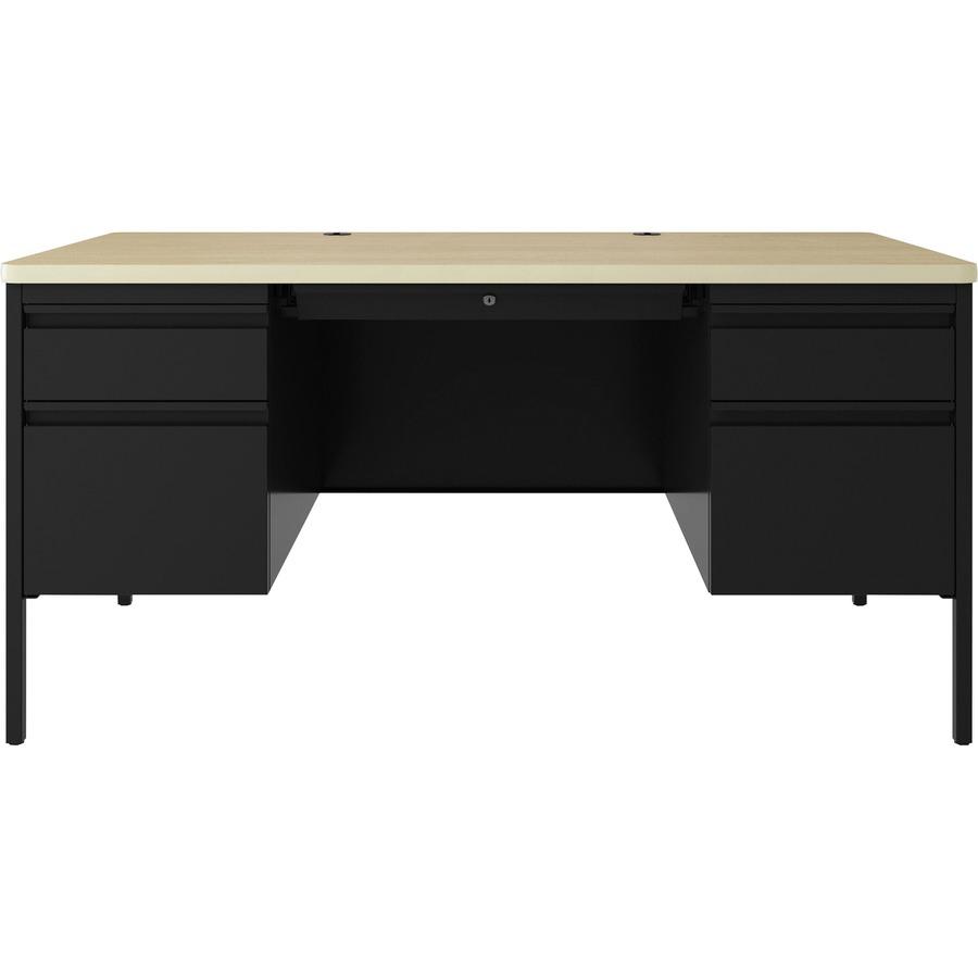 Lorell Fortress Series Double-Pedestal Teachers Desk - 60" x 29.5"30" , 0.8" Modesty Panel - Double Pedestal - T-mold Edge - Material: Steel - Finish: Maple, Black. Picture 3