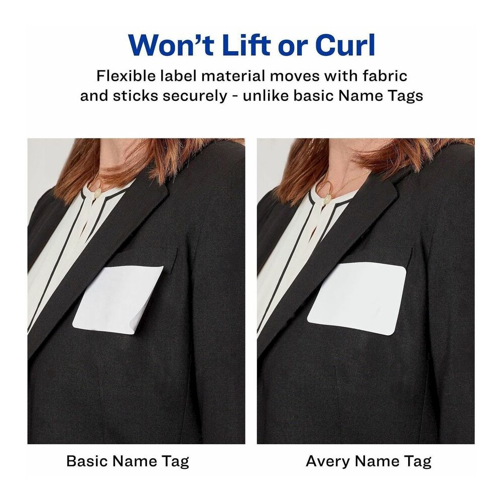 Avery&reg; Flexible Name Badges, 2-1/3" x 3-3/8" , Matte, 80ct (25395) - x 2 21/64" Width x 3 3/8" Length - Removable Adhesive - Rectangle - Inkjet, Laser - Matte - White - Film - 8 / Sheet - 10 Total. Picture 4