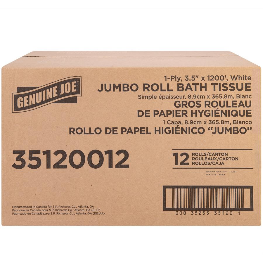 Genuine Joe 1-ply Jumbo Roll Bath Tissue - 1 Ply - 3.63" Width x 1200 ft Length - 8.88" Roll Diameter - White - Fiber - 12 / Carton. Picture 6
