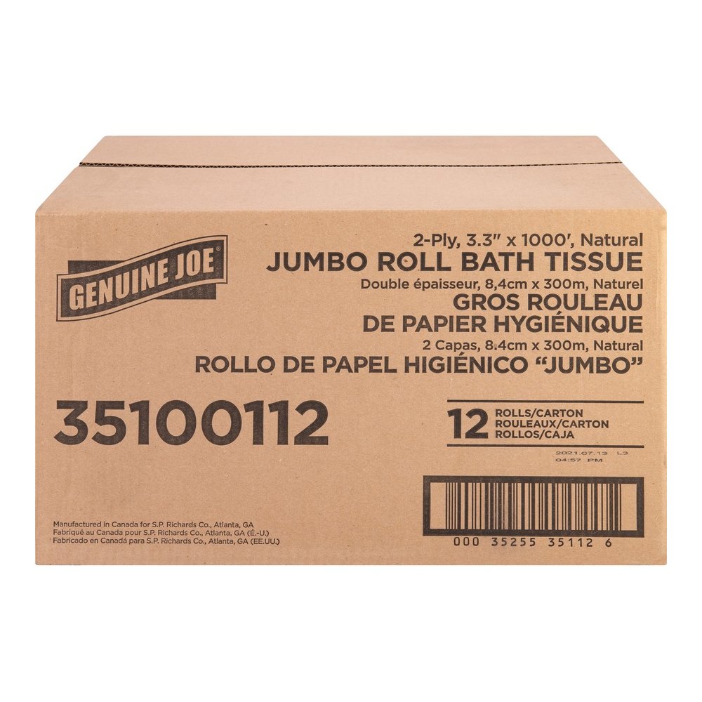 Genuine Joe Jumbo Jr Dispenser Bath Tissue Roll - 2 Ply - 3.30" Width x 1000 ft Length - 8.88" Roll Diameter - White - Fiber - 12 / Carton. Picture 2