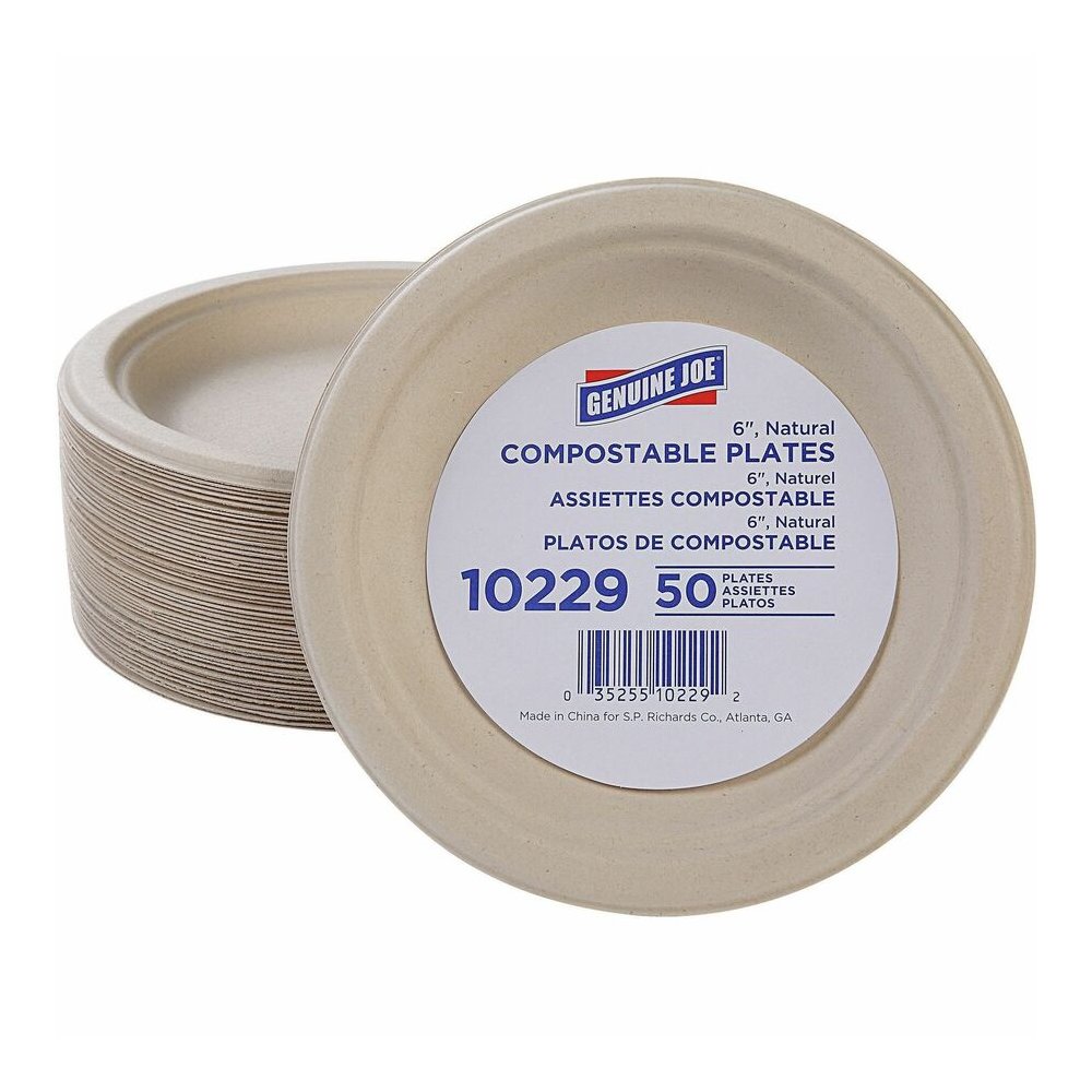 Genuine Joe 6" Compostable Plates - Breakroom, Office - Disposable - 6" Diameter - White, Natural - Sugarcane Body - 50/Pack - 20 / Carton. Picture 3