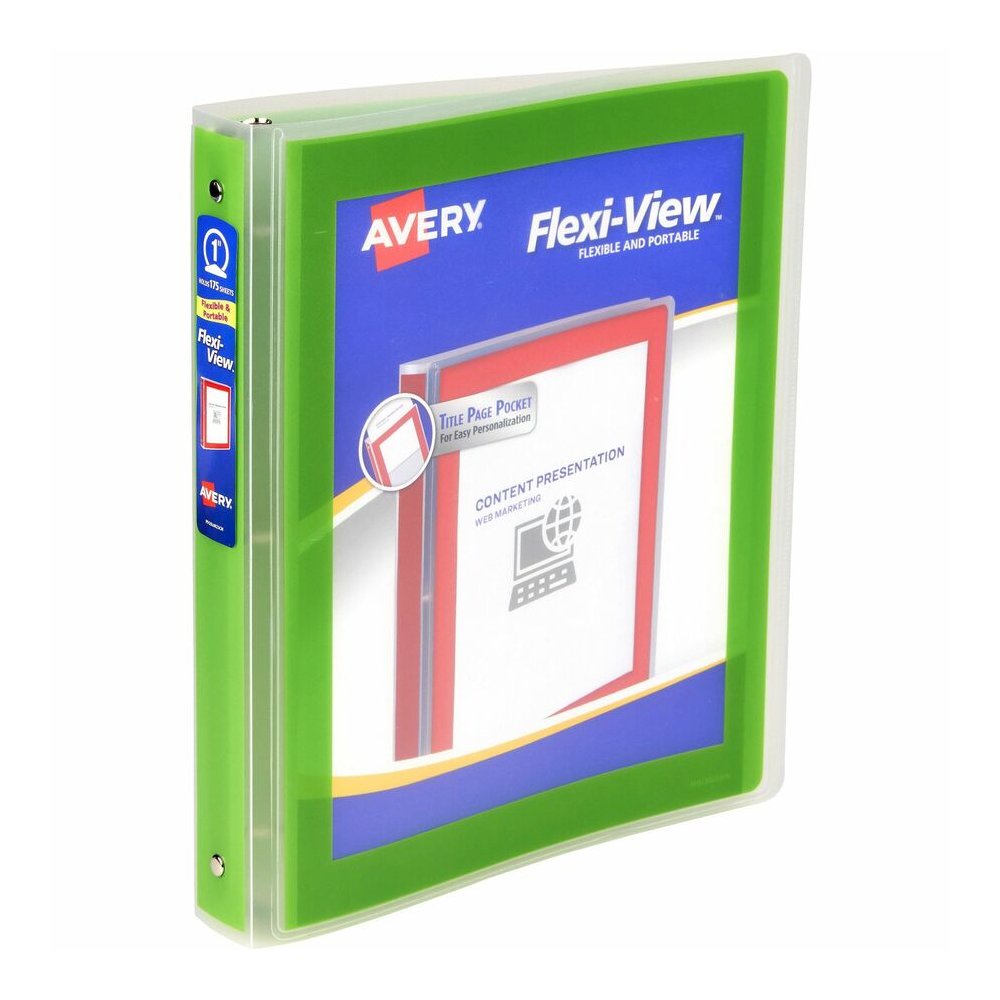 Avery&reg; Flexi-View 3 Ring Binder, 1 Inch Round Rings, 1 Chartreuse Green Binder - 1" Binder Capacity - Letter - 8 1/2" x 11" Sheet Size - 175 Sheet Capacity - Fastener: Round Ring - Pocket: 1, Insi. Picture 2