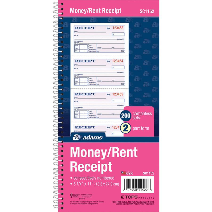 Adams Spiral 2-part Money/Rent Receipt Book - 200 Sheet(s) - Spiral Bound - 2 Part - 11" x 5.25" Form Size - White, Canary - Assorted Sheet(s) - 1 Each. Picture 5