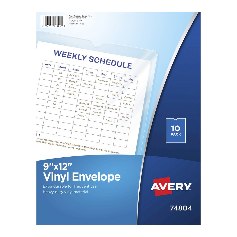 Avery&reg; Vinyl File Pocket - 9" x 12" - 60 Sheets Capacity - 1 Pocket - Vinyl - Clear - Heavyweight, Heavy Duty, Wear Resistant, Tear Resistant, Sturdy, Foldable - 10 / Pack. Picture 2