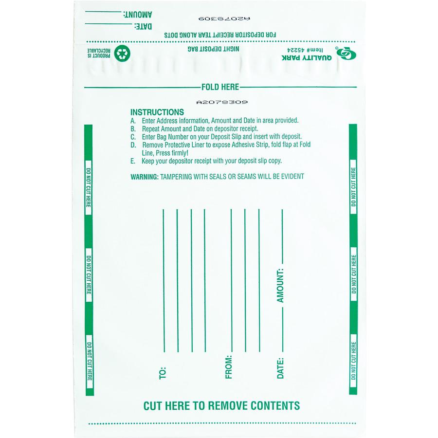 Quality Park Night Deposit Bags - 10.50" Length x 8.50" Width - White - Polyethylene - Deposit - 100 / Pack. Picture 4