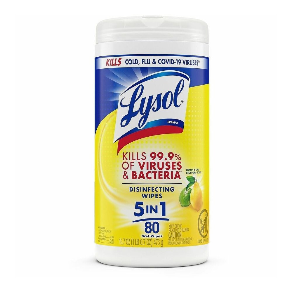 Lysol Disinfecting Wipes - Ready-To-Use - Lemon, Lime Blossom Scent - 7" Length x 7.25" Width - Bleach-free, Antibacterial, Disinfectant, Pre-moistened - White - 80/Tub - 6 / Carton. Picture 2