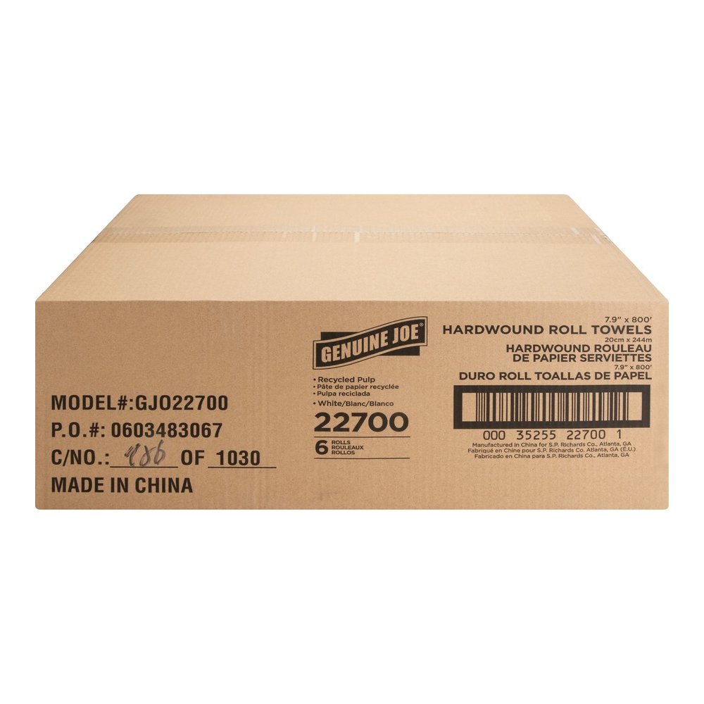 Genuine Joe Hardwound Roll Paper Towels - 7.90" Width x 800 ft Length - 2" Core - White - 6 / Carton. Picture 2