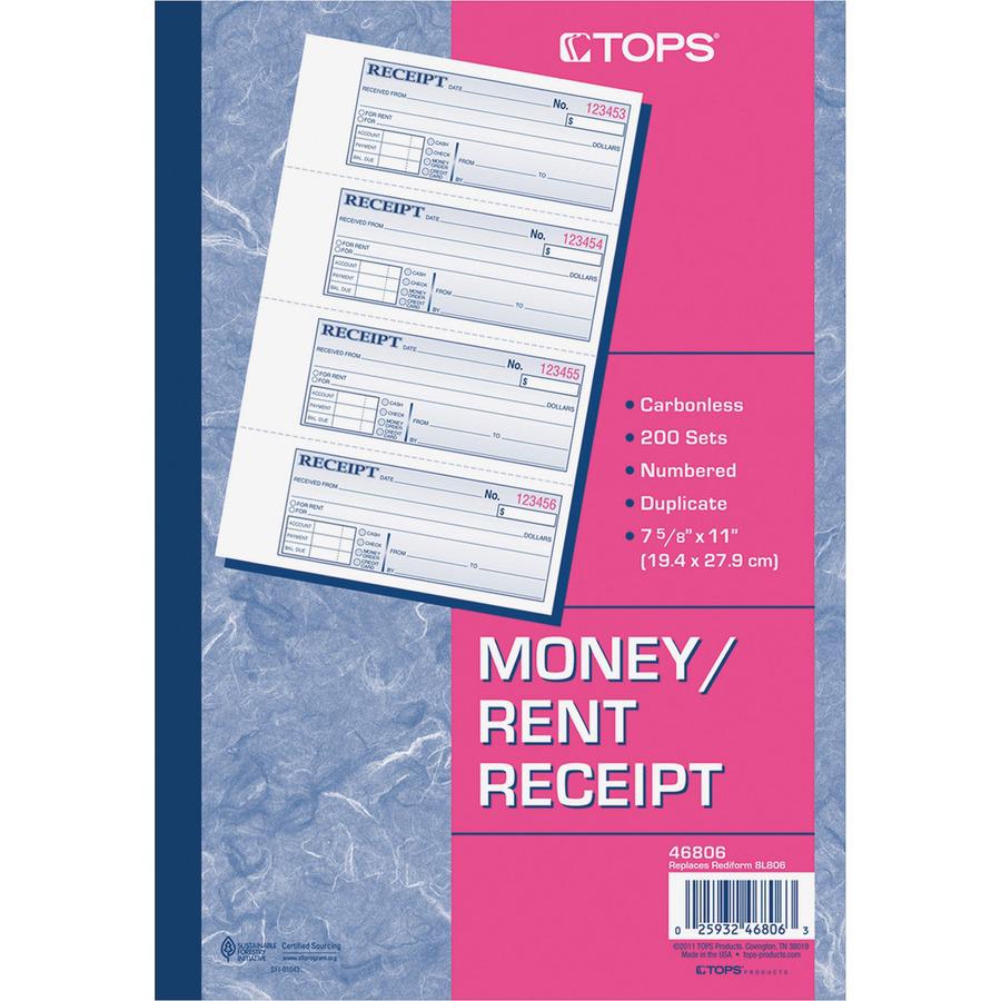 TOPS Money/Rent Receipt Book - 2 PartCarbonless Copy - 2.75" x 7.25" Sheet Size - Assorted Sheet(s) - Blue Print Color - 1 Each. Picture 2