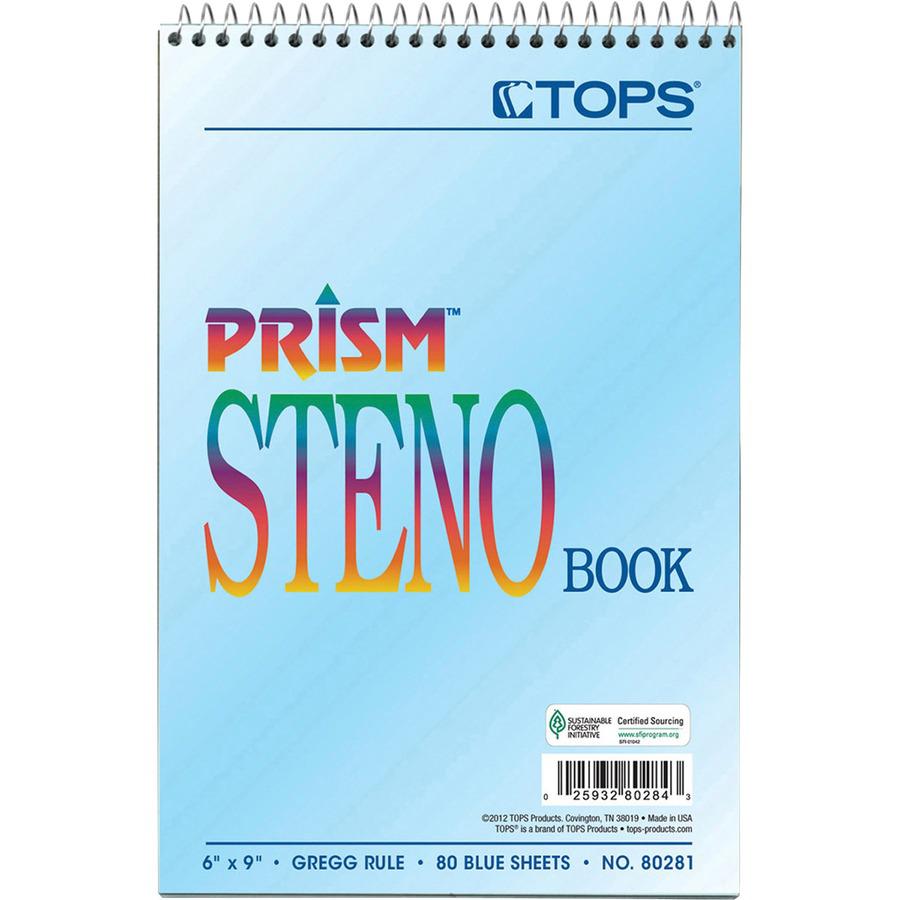 TOPS Prism Steno Books - 80 Sheets - Wire Bound - Gregg Ruled Margin - 6" x 9" Sheet Size - Blue Paper - Perforated, Stiff-back, WireLock - 4 / Pack. Picture 5