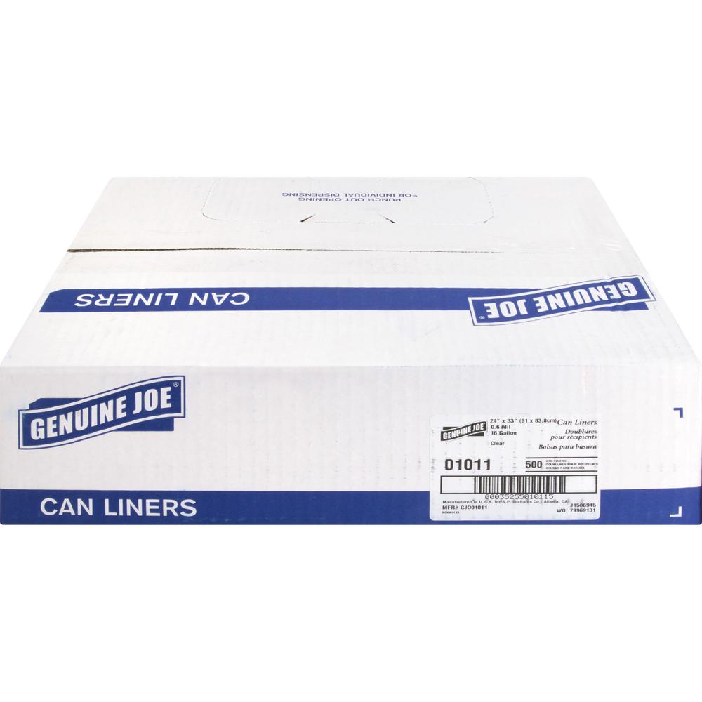 Genuine Joe Clear Trash Can Liners - Small Size - 16 gal Capacity - 33" Length x 24" Width x 0.60 mil (15 Micron) Thickness - Low Density - Clear - 500/Box - 1 Carton. Picture 2