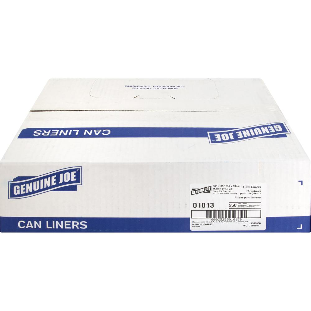 Genuine Joe Clear Trash Can Liners - Medium Size - 33 gal Capacity - 39" Length x 33" Width x 0.60 mil (15 Micron) Thickness - Low Density - Clear - 250/Box - 1 Carton. Picture 3