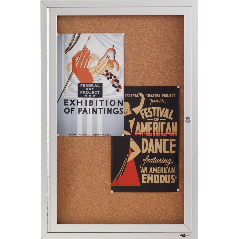 Quartet Enclosed Bulletin Board for Indoor Use - 36" Height x 24" Width - Brown Natural Cork Surface - Hinged, Self-healing, Shatter Proof, Lock, Durable - Silver Aluminum Frame - 1 Each. Picture 3