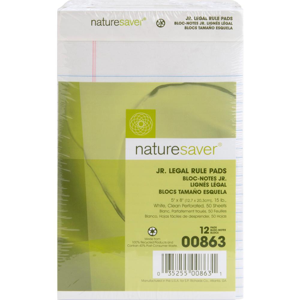 Nature Saver 100% Recycled White Jr. Rule Legal Pads - Jr.Legal - 50 Sheets - 0.28" Ruled - 15 lb Basis Weight - Jr.Legal - 5" x 8" Sheet Size - White Paper - Perforated, Back Board - Recycled - 1 Doz. Picture 10