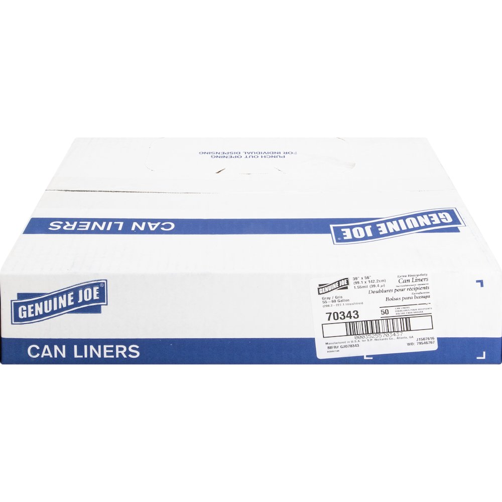 Genuine Joe Maximum Strength Trash Can Liner - Extra Large Size - 60 gal Capacity - 56" Length x 39" Width x 1.55 mil (39 Micron) Thickness - Low Density - Silver - Plastic Resin - Food Waste, Office . Picture 3