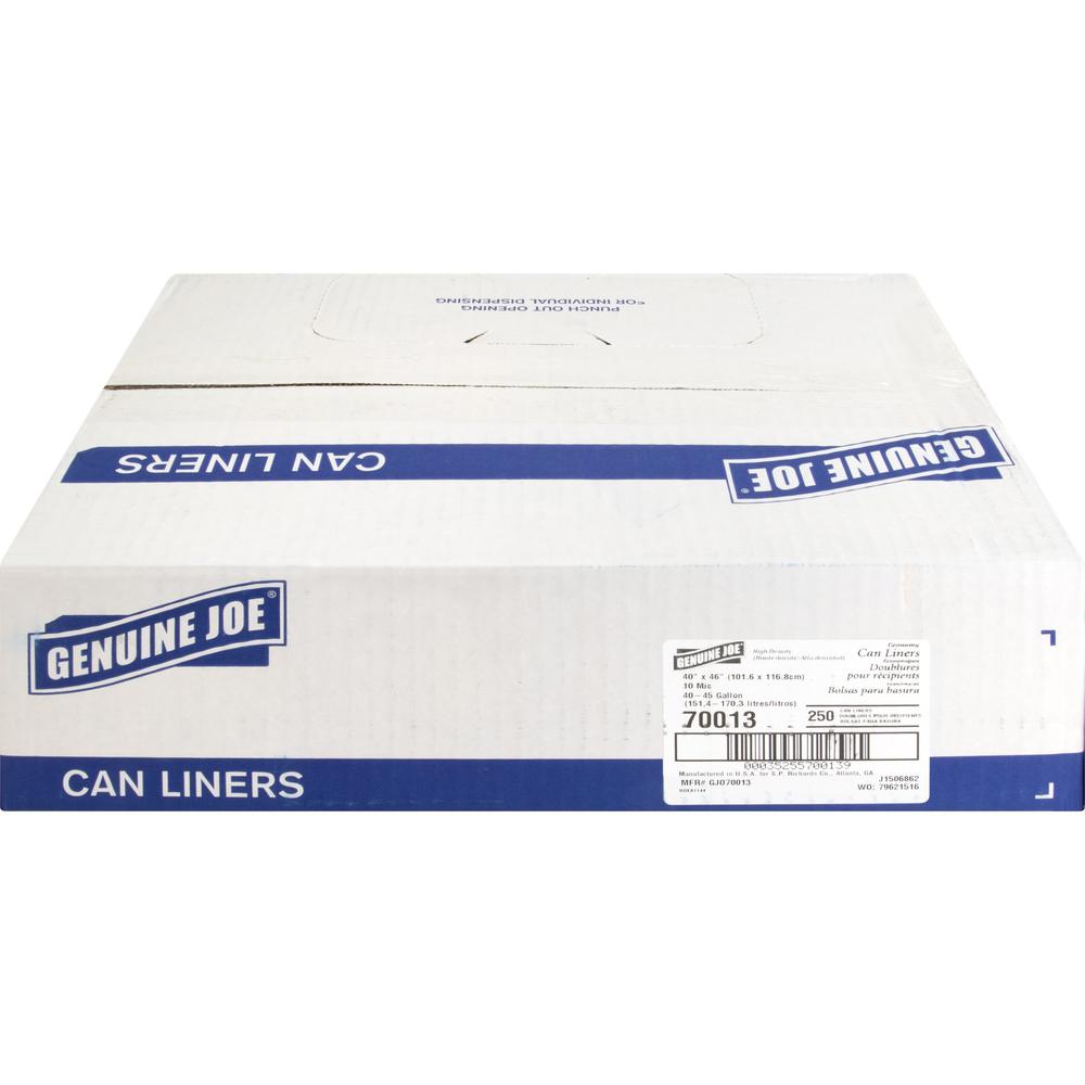 Genuine Joe Economy High-Density Can Liners - Large Size - 45 gal Capacity - 46" Length x 40" Width x 0.39 mil (10 Micron) Thickness - High Density - Translucent - Resin - No - 250 / Carton. Picture 2