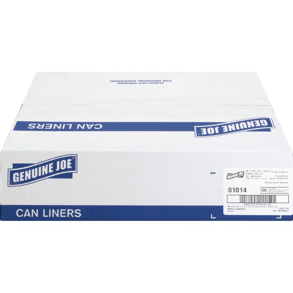 Genuine Joe Clear Trash Can Liners - Extra Large Size - 60 gal Capacity - 58" Length x 38" Width x 0.80 mil (20 Micron) Thickness - Low Density - Clear - Film - Multipurpose - 100 / Carton. Picture 2