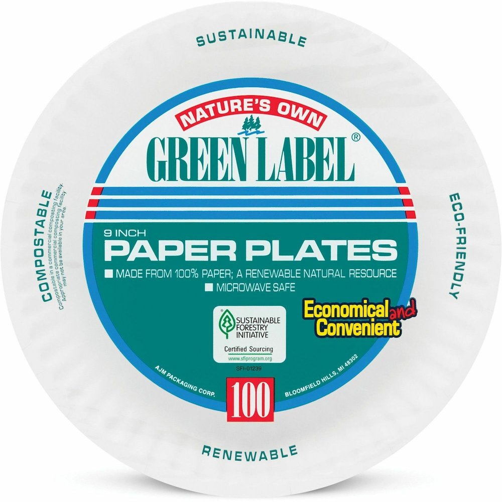 Green Label 9" Green Label Economy Paper Plates - Microwave Safe - 9" Diameter - White - Paper Body - 100/Bag - 12 / Carton. Picture 4