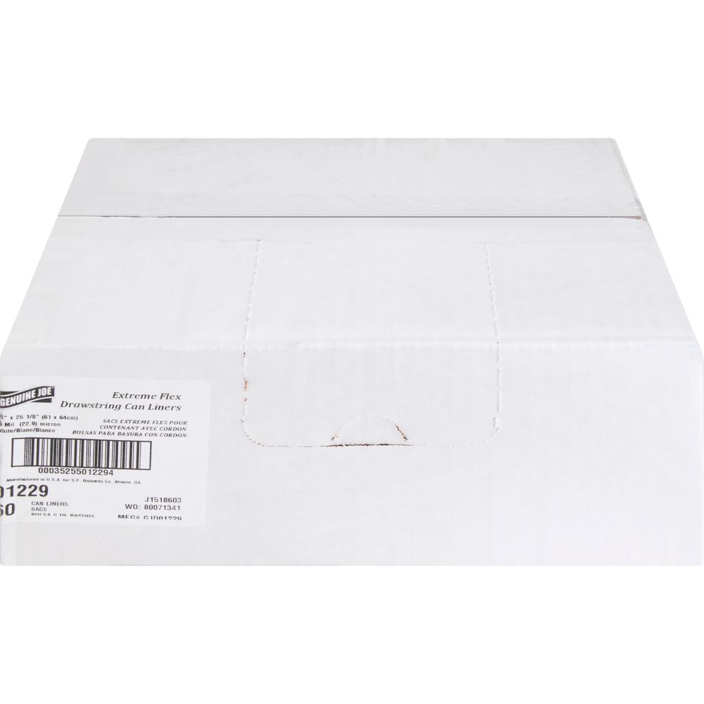 Genuine Joe Flexible Drawstring Trash Can Liners - Small Size - 13 gal Capacity - 25.13" Length x 24" Width x 0.90 mil (23 Micron) Thickness - Low Density - Drawstring Closure - White - Resin - 60/Box. Picture 5