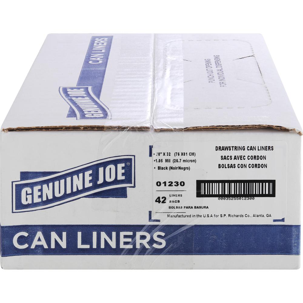 Genuine Joe Flexible Drawstring Trash Can Liners - Medium Size - 30 gal Capacity - 32" Length x 30" Width x 1.05 mil (27 Micron) Thickness - Low Density - Drawstring Closure - Black - Resin - No - 42/. Picture 5