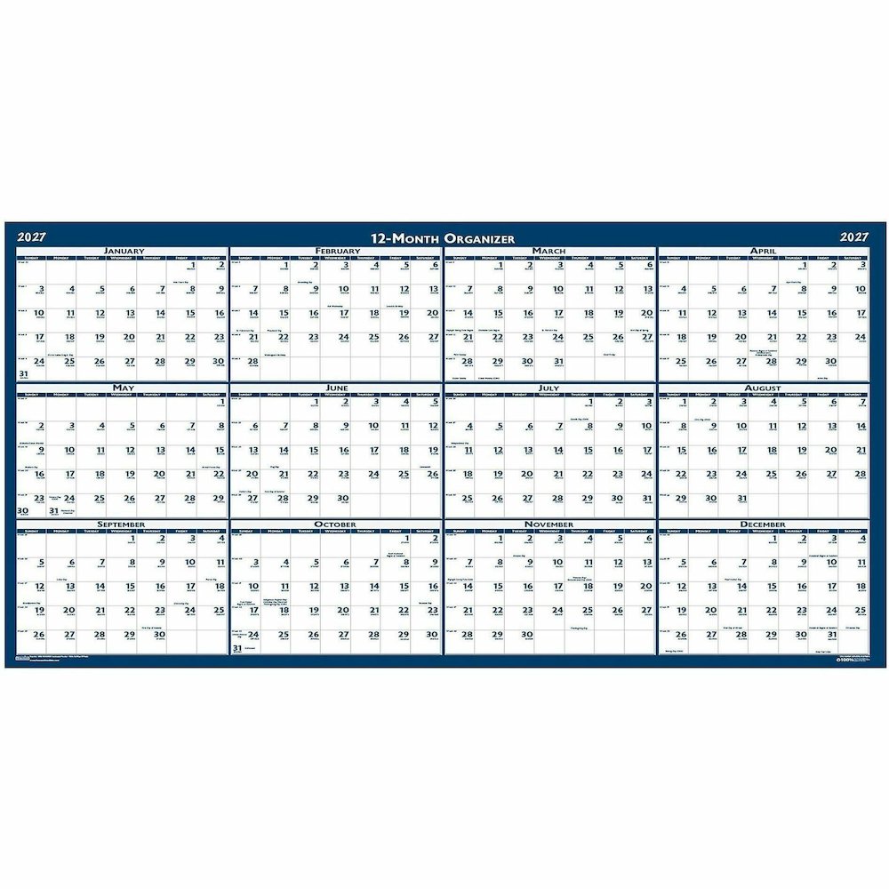 House of Doolittle Dated 66" Laminated Wall Planner - Julian Dates - Yearly - 12 Month - January 2027 to December 2027 - 66" x 33" Sheet Size - 2" x 2.25" Block - Blue, Gray - Paper - 1 Each. Picture 3