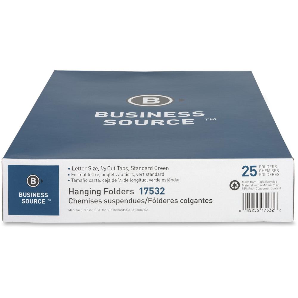 Business Source 1/3 Tab Cut Letter Recycled Hanging Folder - 8 1/2" x 11" - 11 pt. - Standard Green - Acid-free - 100% Recycled - 25 / Box. Picture 9