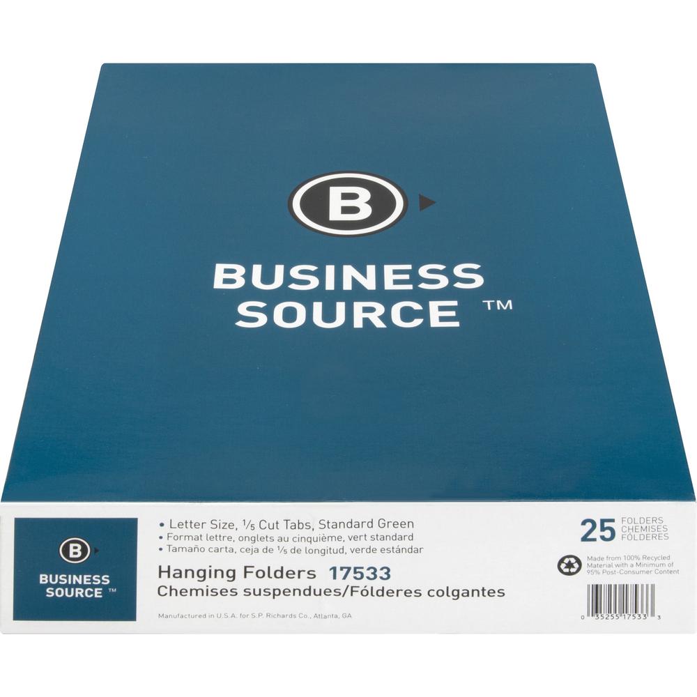 Business Source 1/5 Tab Cut Letter Recycled Hanging Folder - 8 1/2" x 11" - 11 pt. - Green - Acid-free - 100% Recycled - 25 / Box. Picture 4