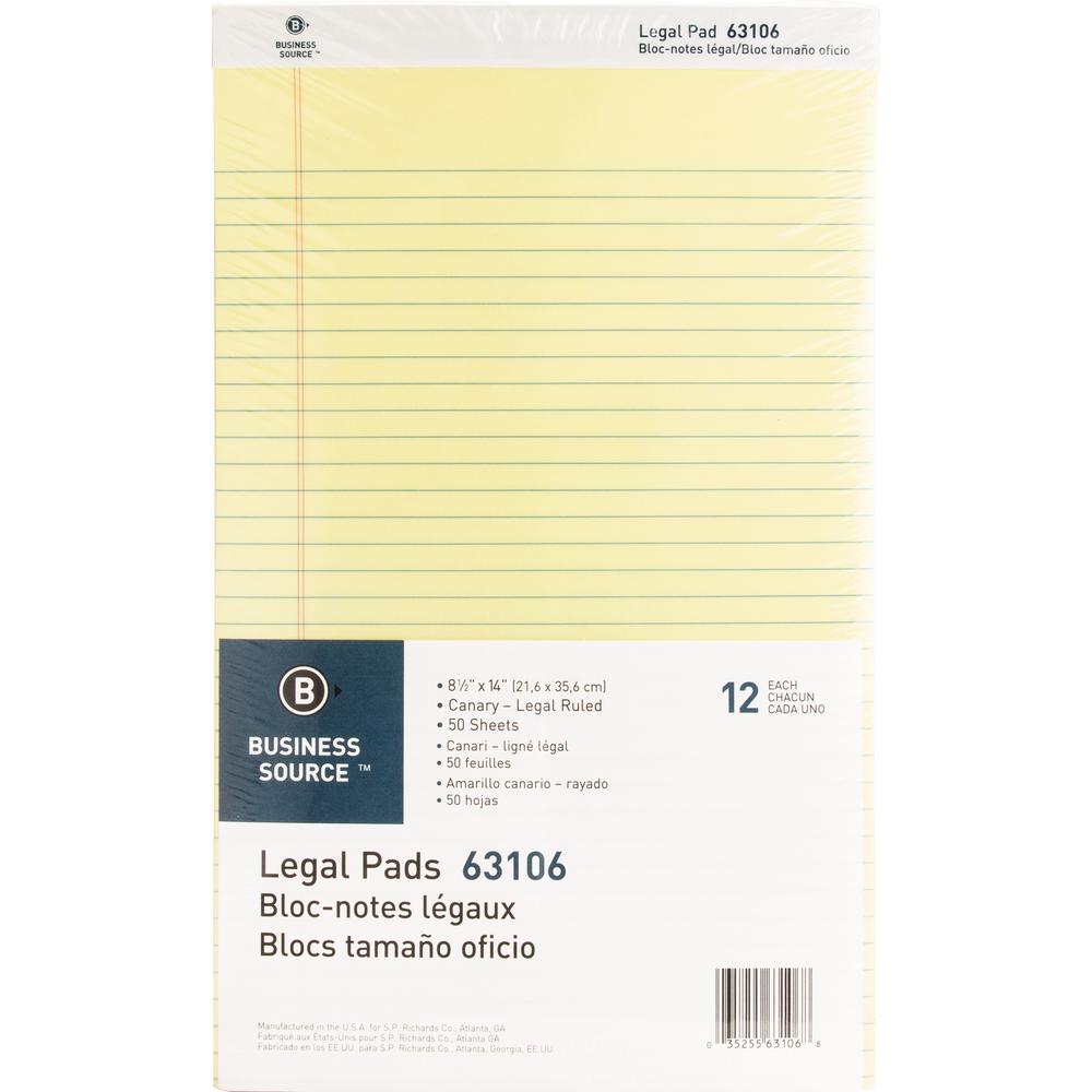 Business Source Legal Pads - 50 Sheets - 0.34" Ruled - 16 lb Basis Weight - Legal - 8 1/2" x 14" - Canary Paper - Micro Perforated, Easy Tear, Sturdy Back - 1 Dozen. Picture 5