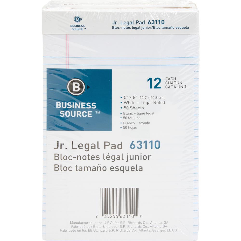 Business Source Writing Pads - 50 Sheets - 0.28" Ruled - 16 lb Basis Weight - Jr.Legal - 8" x 5" Sheet Size - White Paper - Micro Perforated, Easy Tear, Sturdy Back - 1 Dozen. Picture 9