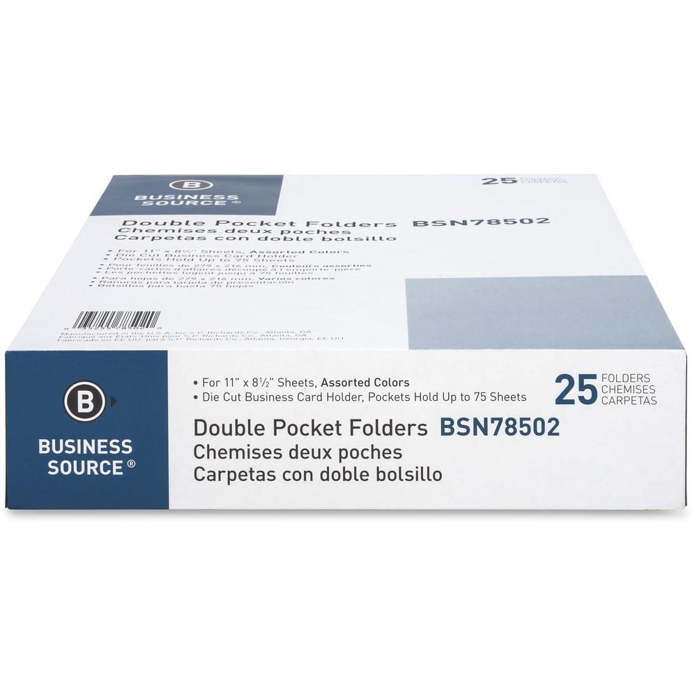 Business Source Letter Recycled Pocket Folder - 8 1/2" x 11" - 100 Sheets Capacity - 2 Internal Pocket - Paper - Assorted - Die-cut, Card Holder - 35% Recycled - 25 / Box. Picture 10